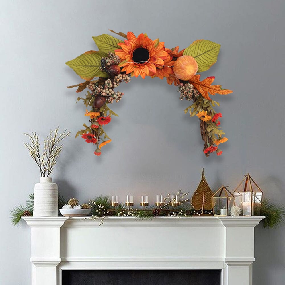 Autumn Sunflower & Chrysanthemum Wreath with Copper Wire Lights – 35cm Harvest Hanging Decor Living and Home 