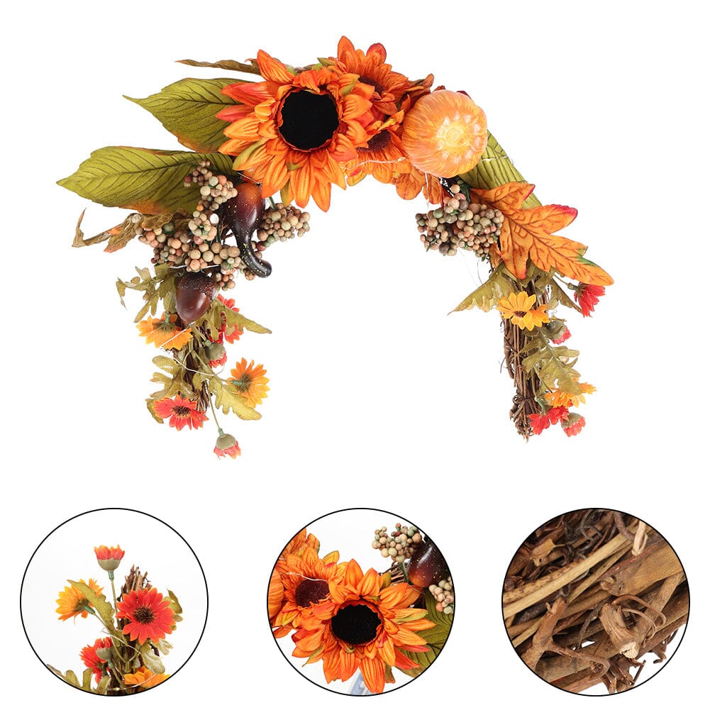 Autumn Sunflower & Chrysanthemum Wreath with Copper Wire Lights – 35cm Harvest Hanging Decor Living and Home 