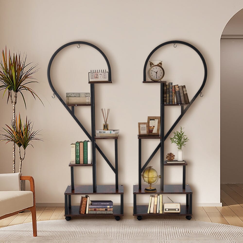 Heart-Shaped 2-Piece Multi-Tier Plant Stand Set Black Frame Vintage Wood Top Living and Home 