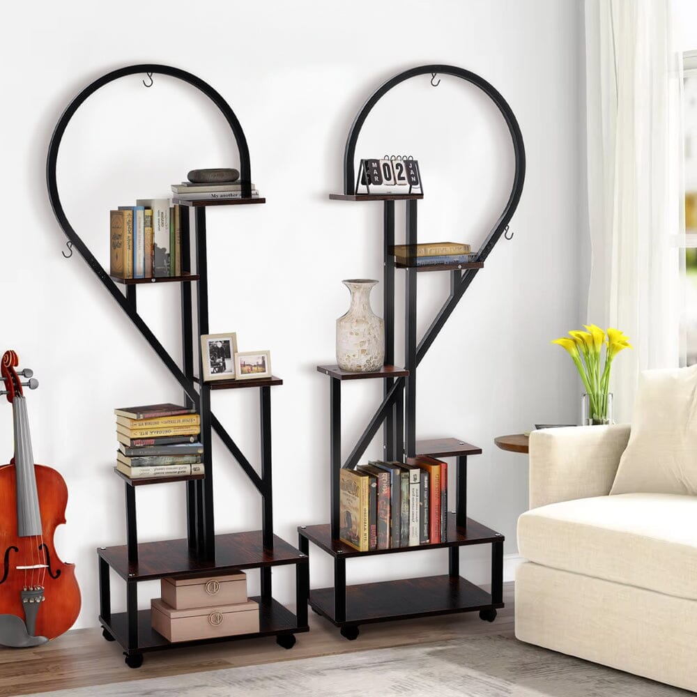 Heart-Shaped 2-Piece Multi-Tier Plant Stand Set Black Frame Vintage Wood Top Living and Home 