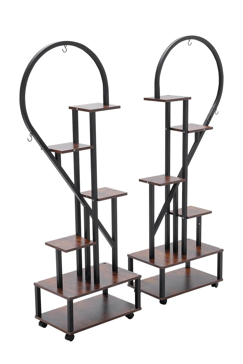 Heart-Shaped 2-Piece Multi-Tier Plant Stand Set Black Frame Vintage Wood Top Living and Home 