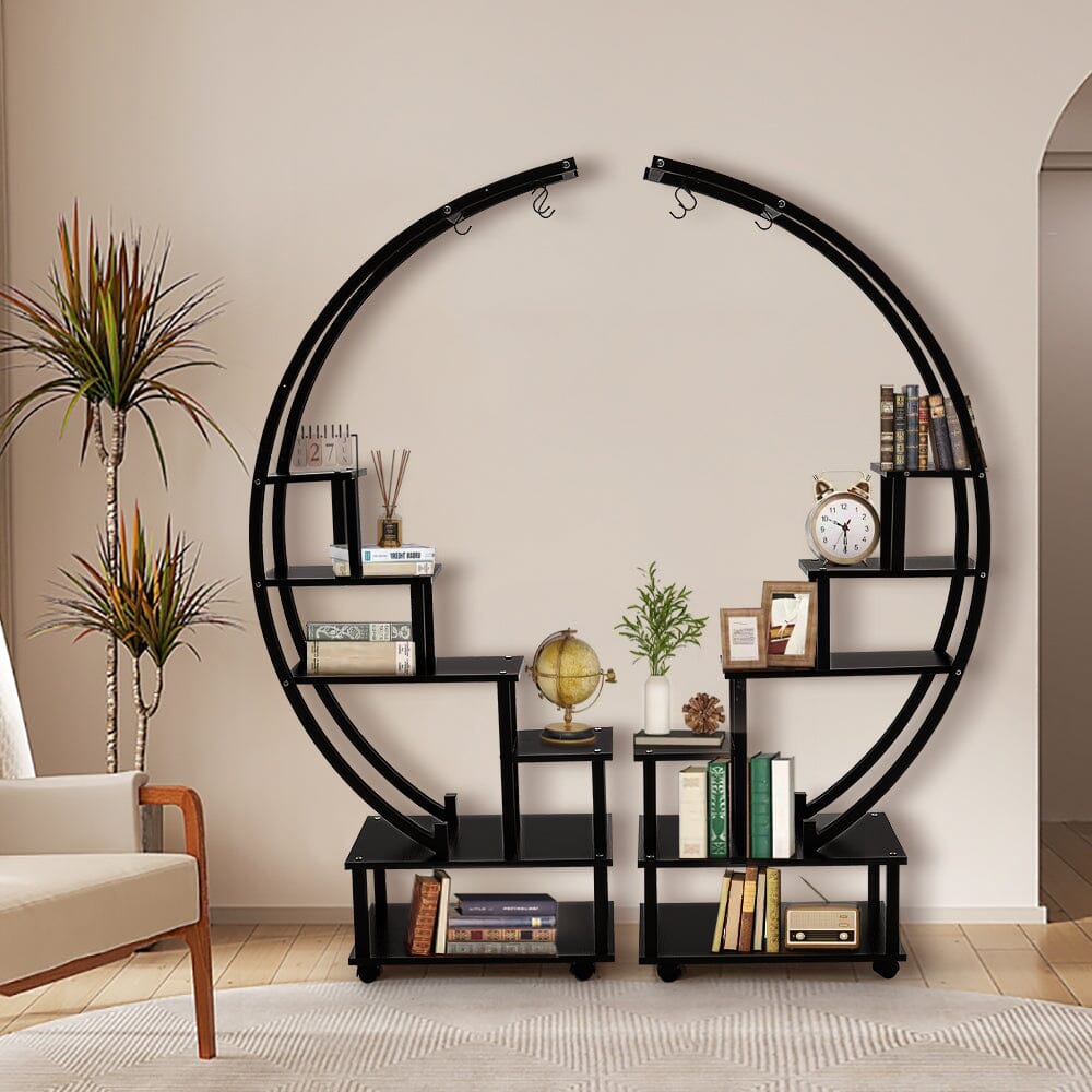 Half-Circle 2-Piece Multi-Tier Plant Stand Set Black Frame Black Shelves with Wheels Living and Home 