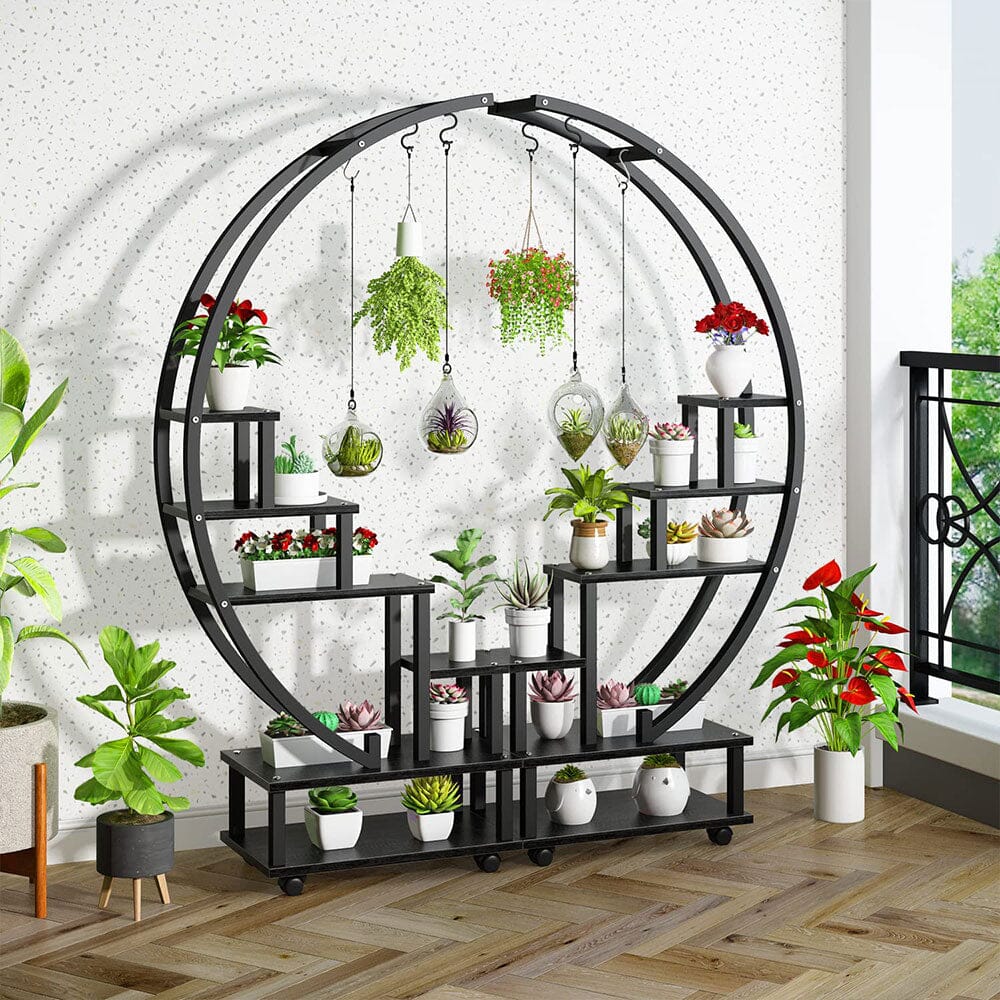 Half-Circle 2-Piece Multi-Tier Plant Stand Set Black Frame Black Shelves with Wheels Living and Home 