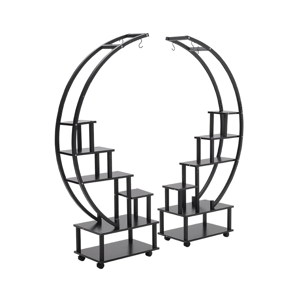 Half-Circle 2-Piece Multi-Tier Plant Stand Set Black Frame Black Shelves with Wheels Living and Home 