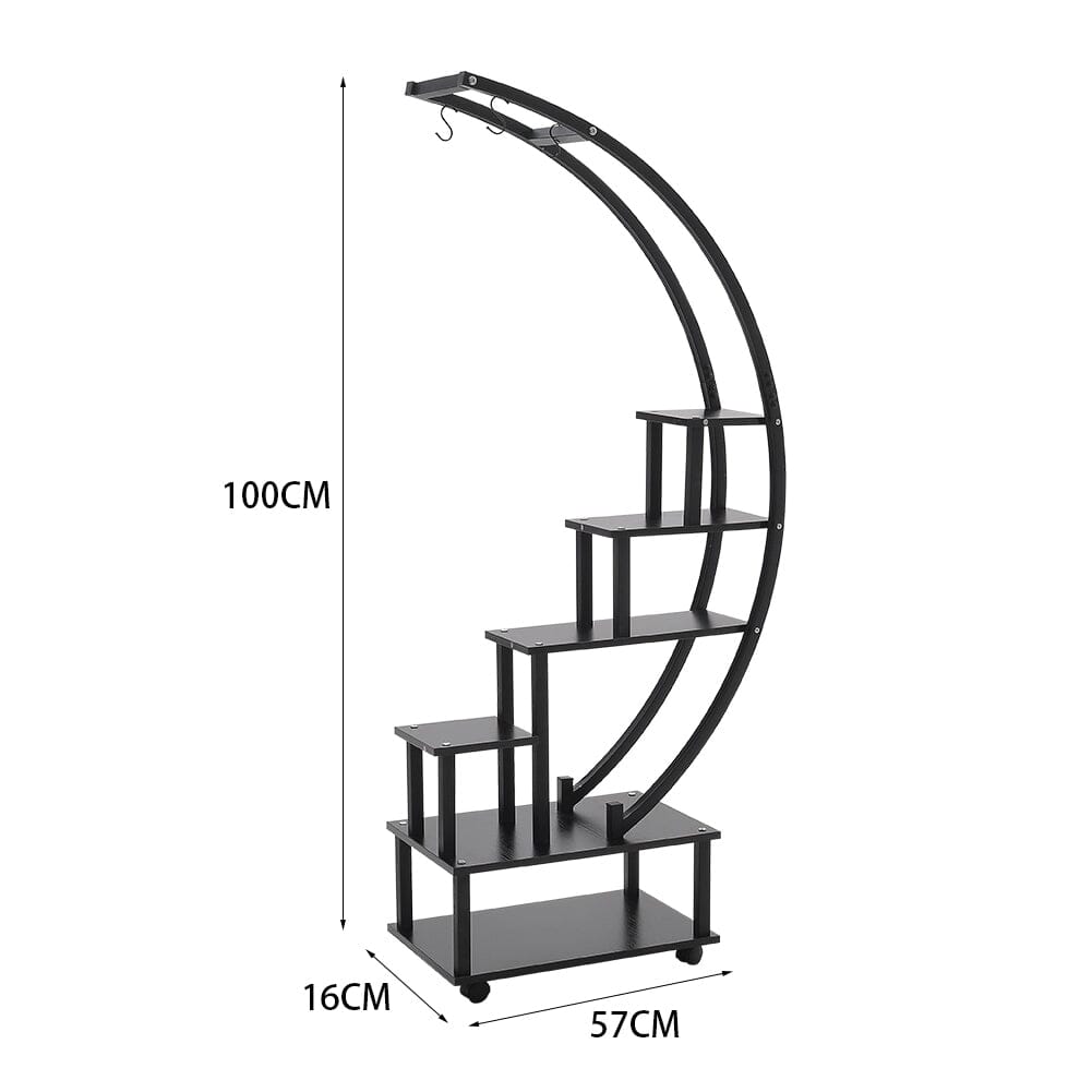 Half-Circle 2-Piece Multi-Tier Plant Stand Set Black Frame Black Shelves with Wheels Living and Home 