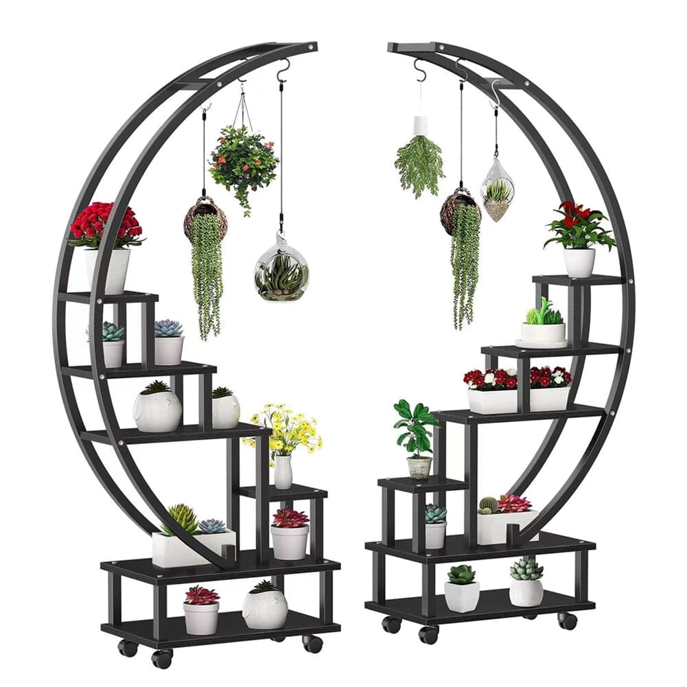 Half-Circle 2-Piece Multi-Tier Plant Stand Set Black Frame Black Shelves with Wheels Living and Home 