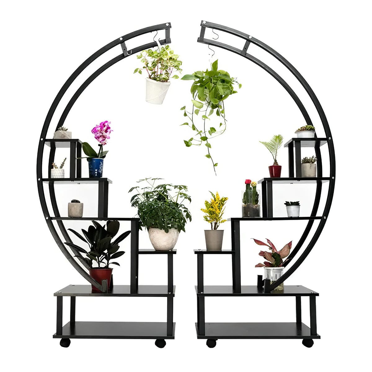 Half-Circle 2-Piece Multi-Tier Plant Stand Set Black Frame Black Shelves with Wheels Living and Home 