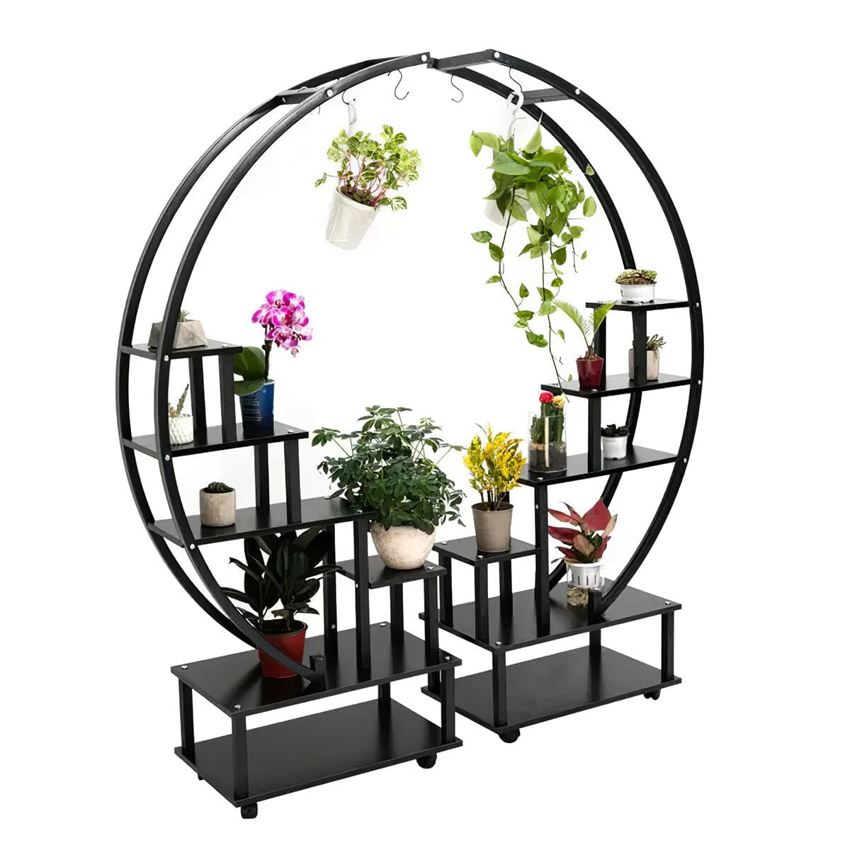Half-Circle 2-Piece Multi-Tier Plant Stand Set Black Frame Black Shelves with Wheels Living and Home 