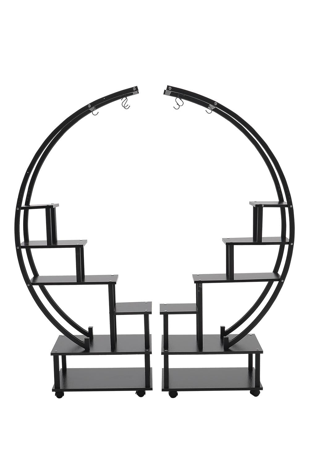 Half-Circle 2-Piece Multi-Tier Plant Stand Set Black Frame Black Shelves with Wheels Living and Home 