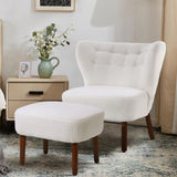White Boucle Teddy Upholstered Accent Chair with Footstool