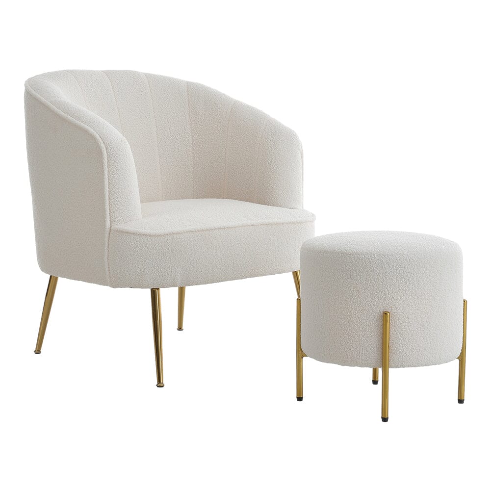 Teddy Boucle Fabric White Tub Chair and Footstool Set Living and Home