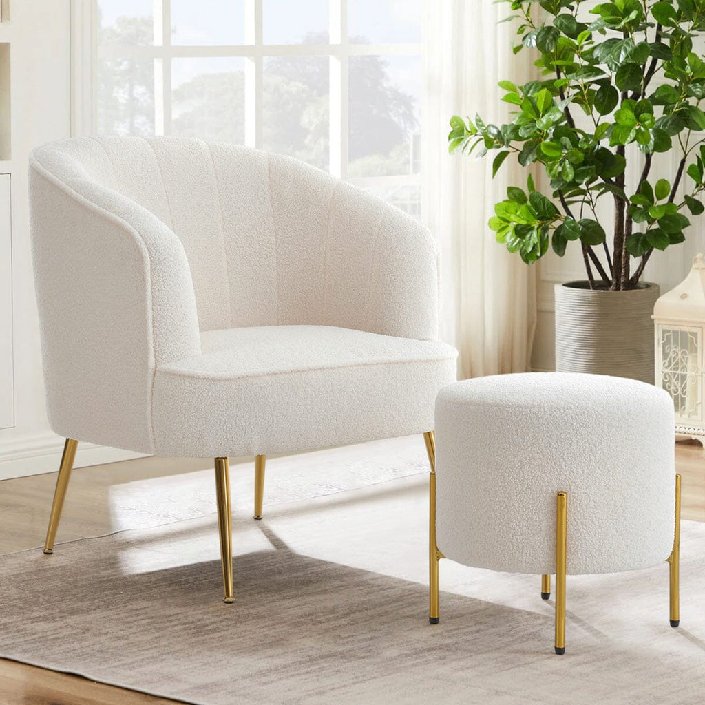 Teddy Boucle Fabric White Tub Chair and Footstool Set Living and Home