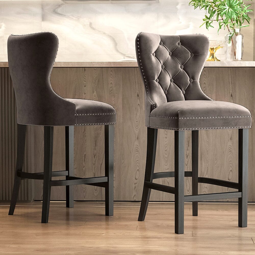 Dining Bar Chairs Wooden Velvet Buttoned Bar Stool Bar Stools Living and Home Brown 4 Chairs 