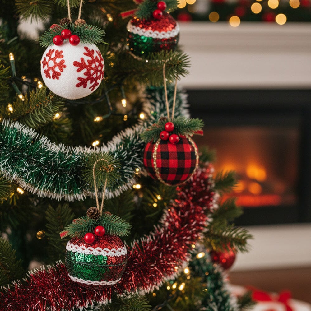 Plaid Fabric Ball Christmas Decoration 8cm Living and Home 