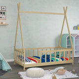 Wood House Bed Frame Low Platform Kids Bed with Safety Fence Bed Frames Living and Home 