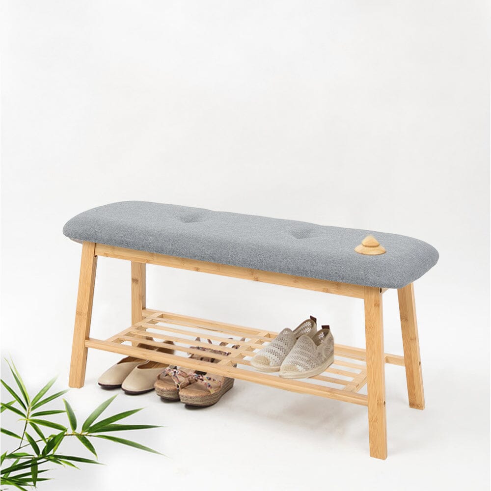 Natural Bamboo Shoe Bench With Grey Fabric Cushion Hallway Storage Organiser Living and Home 