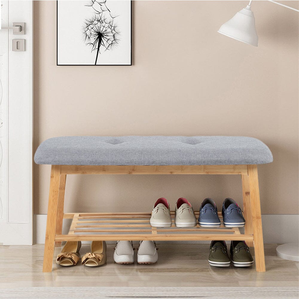 Natural Bamboo Shoe Bench With Grey Fabric Cushion Hallway Storage Organiser Living and Home 