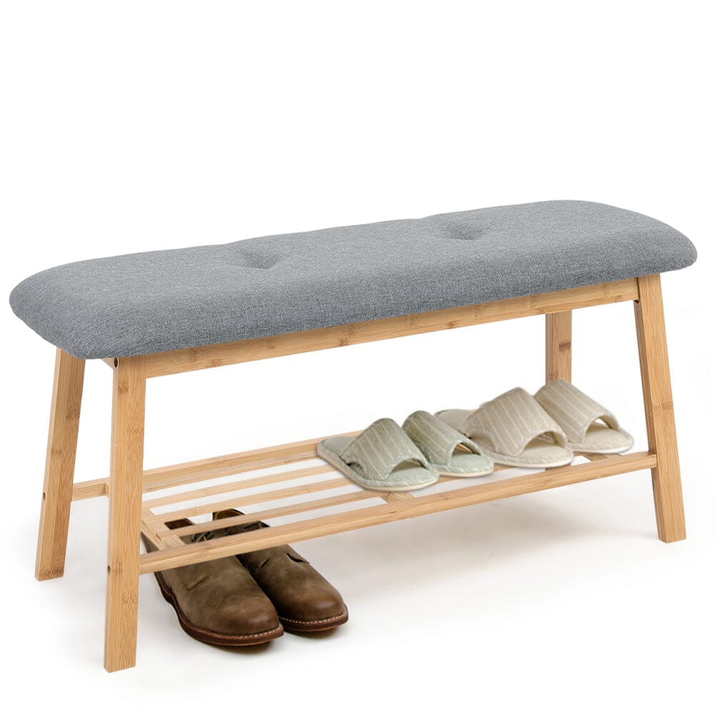 Natural Bamboo Shoe Bench With Grey Fabric Cushion Hallway Storage Organiser Living and Home 