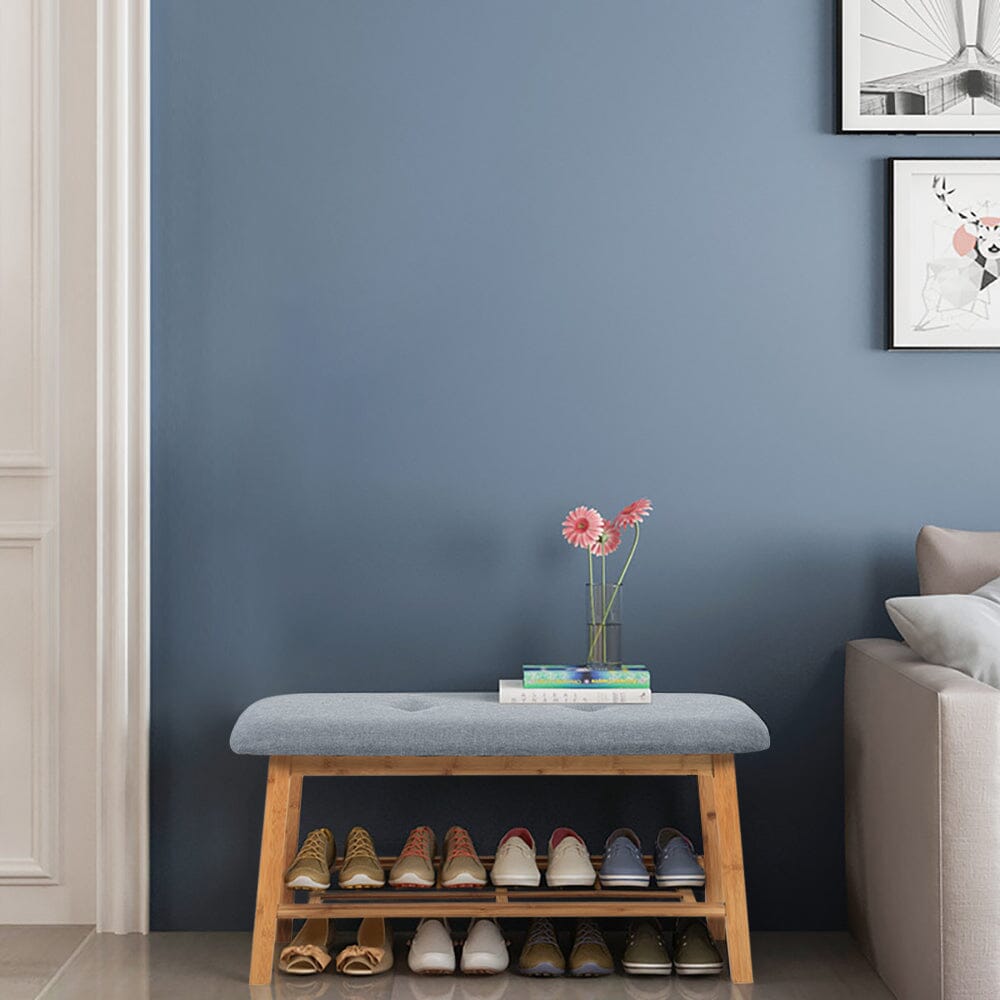 Natural Bamboo Shoe Bench With Grey Fabric Cushion Hallway Storage Organiser Living and Home 
