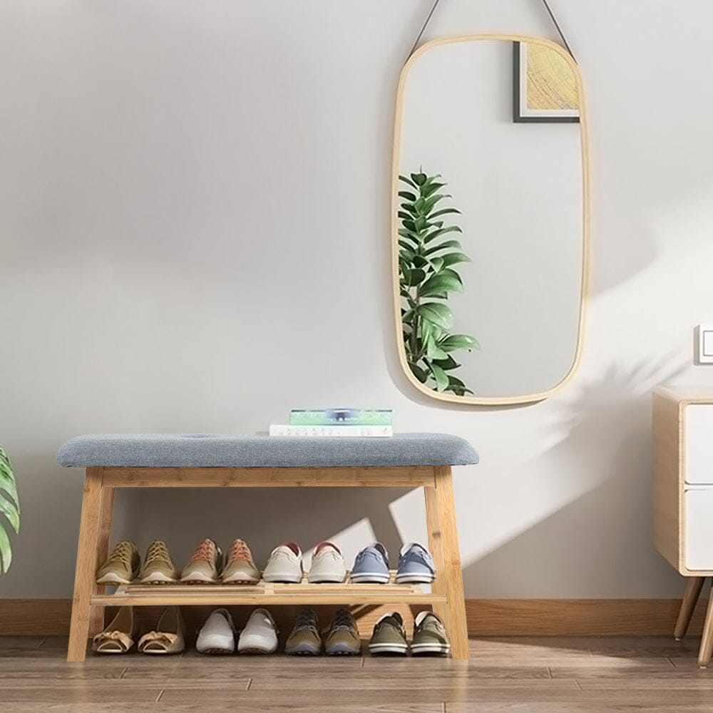 Natural Bamboo Shoe Bench With Grey Fabric Cushion Hallway Storage Organiser Living and Home 