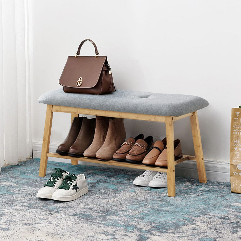 Natural Bamboo Shoe Bench With Grey Fabric Cushion Hallway Storage Organiser Living and Home 