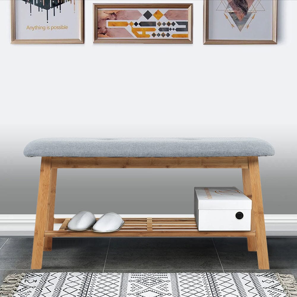 Natural Bamboo Shoe Bench With Grey Fabric Cushion Hallway Storage Organiser Living and Home 