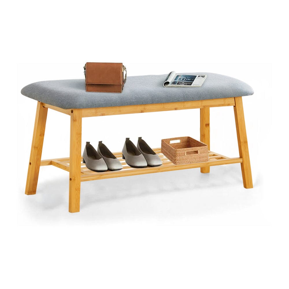 Natural Bamboo Shoe Bench With Grey Fabric Cushion Hallway Storage Organiser Living and Home 