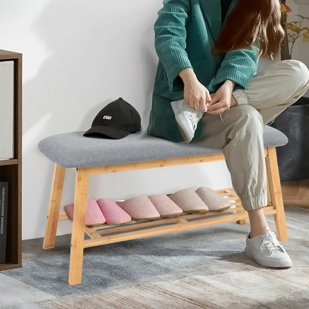 Natural Bamboo Shoe Bench With Grey Fabric Cushion Hallway Storage Organiser Living and Home 