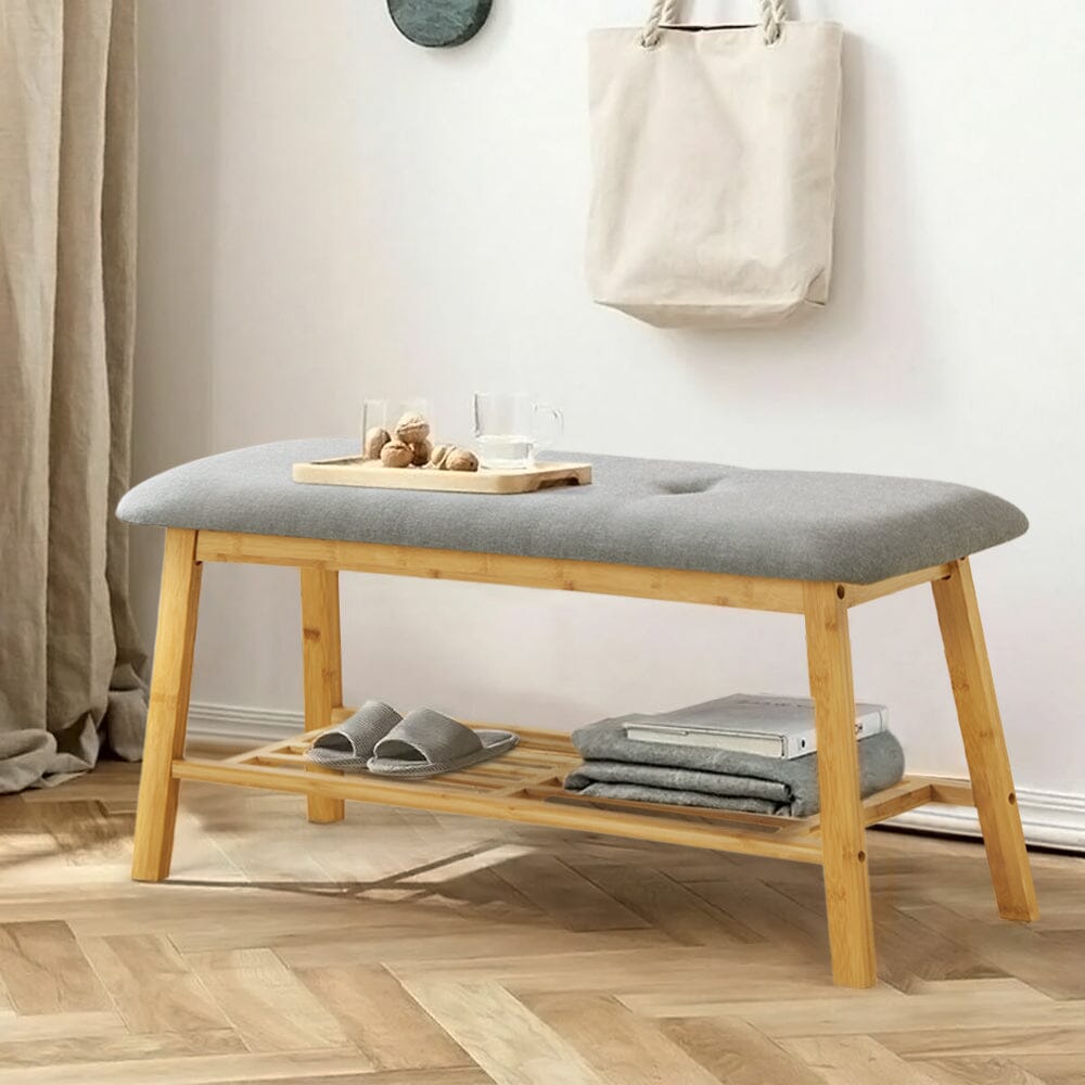 Natural Bamboo Shoe Bench With Grey Fabric Cushion Hallway Storage Organiser Living and Home 