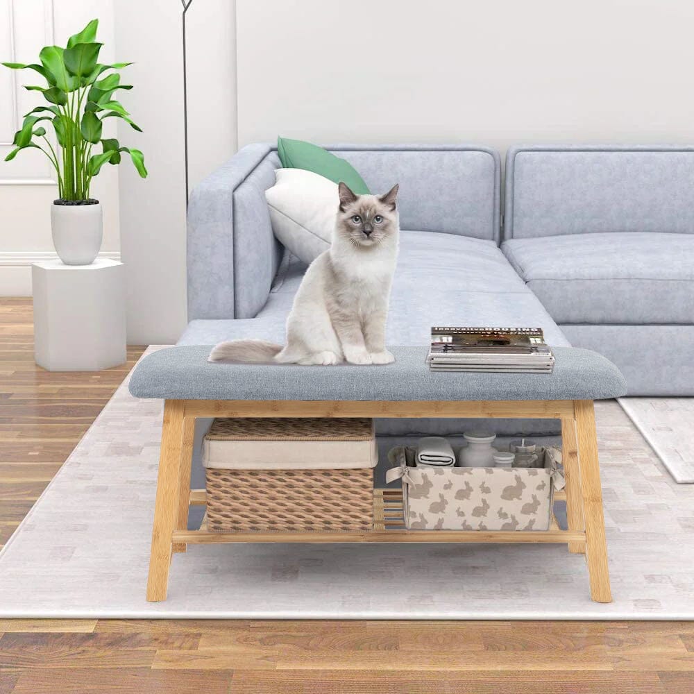 Natural Bamboo Shoe Bench With Grey Fabric Cushion Hallway Storage Organiser Living and Home 