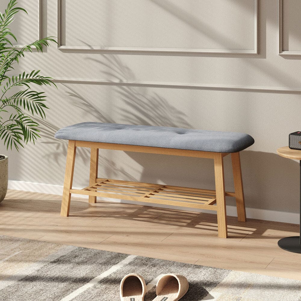 Natural Bamboo Shoe Bench With Grey Fabric Cushion Hallway Storage Organiser Living and Home 