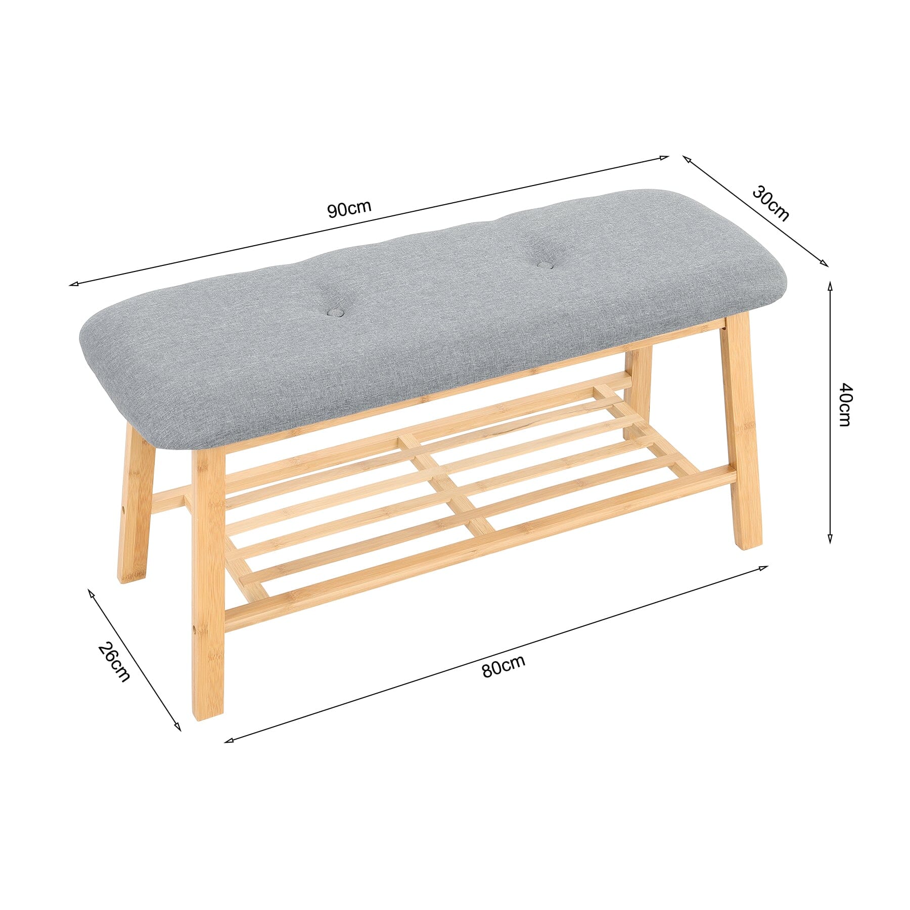 Natural Bamboo Shoe Bench With Grey Fabric Cushion Hallway Storage Organiser Living and Home 