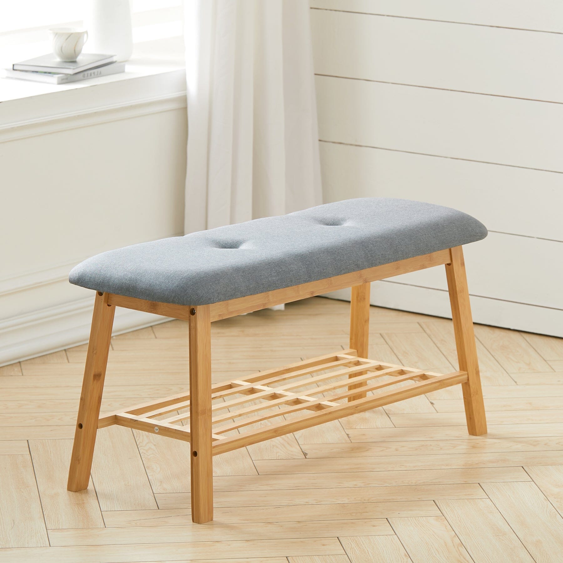 Natural Bamboo Shoe Bench With Grey Fabric Cushion Hallway Storage Organiser Living and Home 