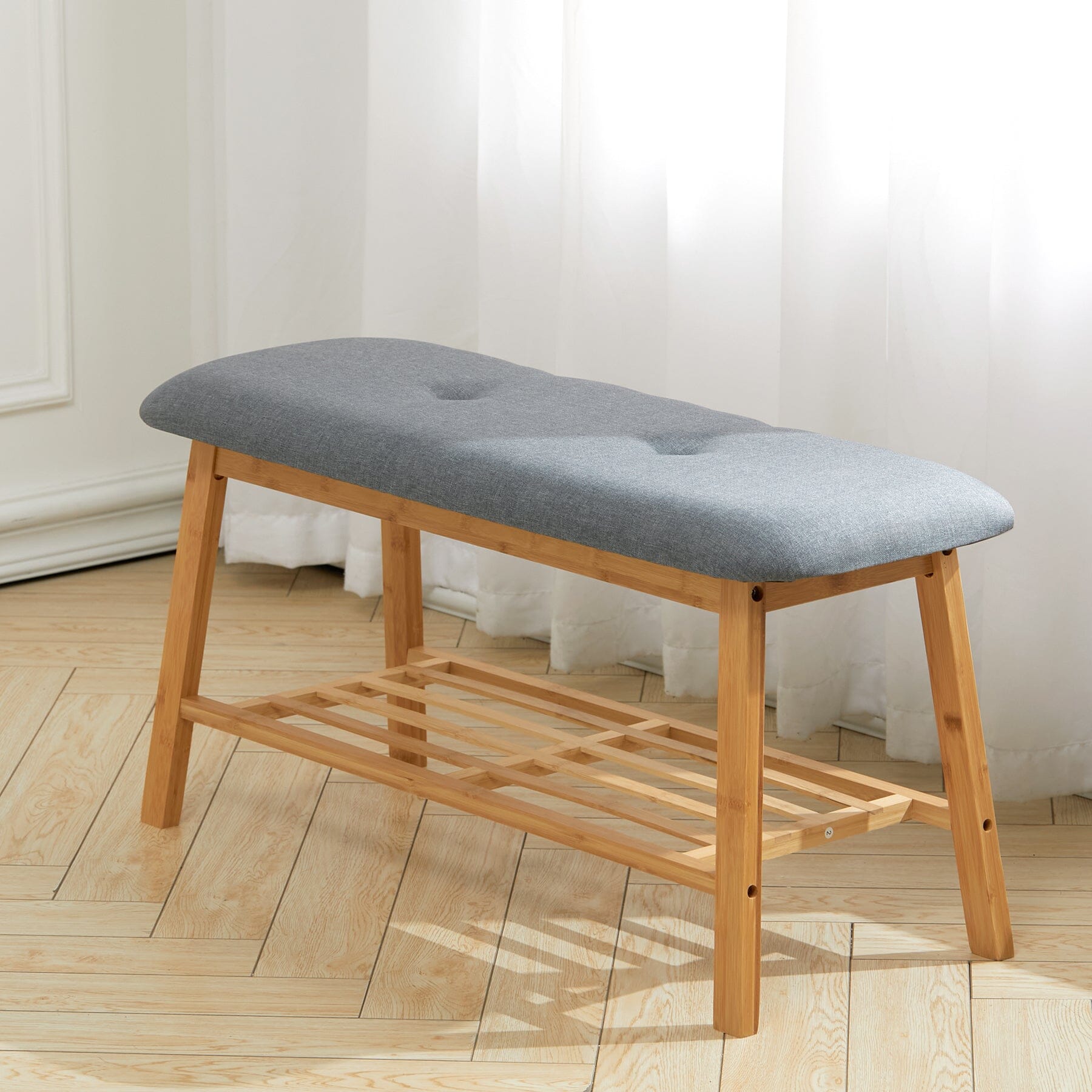 Natural Bamboo Shoe Bench With Grey Fabric Cushion Hallway Storage Organiser Living and Home 