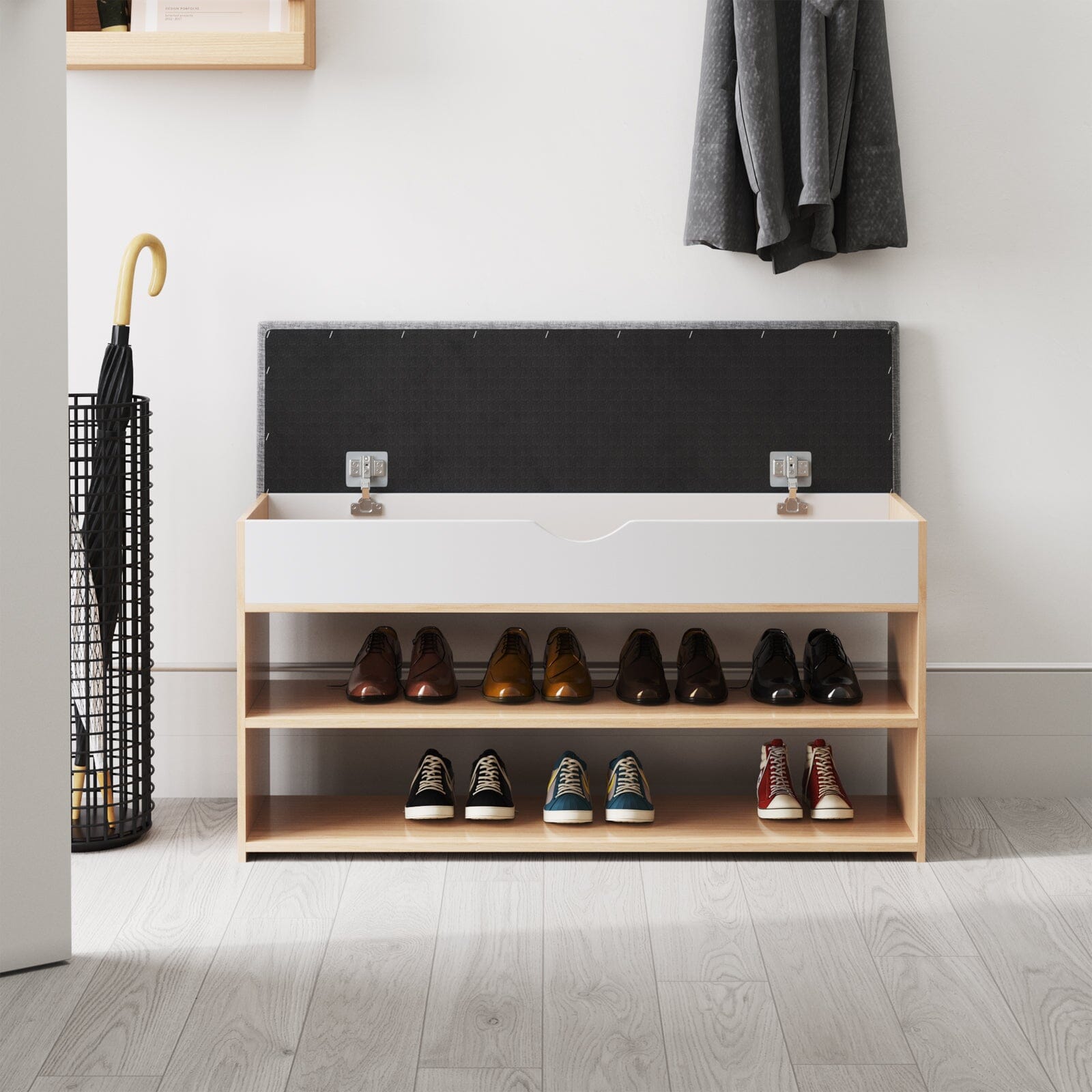 Shoe Storage Bench With Flip-Top Cushion & Open Shelves Hallway Organiser Living and Home 