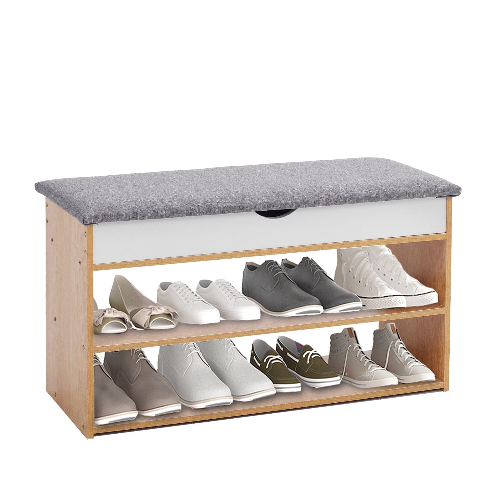 Shoe Storage Bench With Flip-Top Cushion & Open Shelves Hallway Organiser Living and Home 