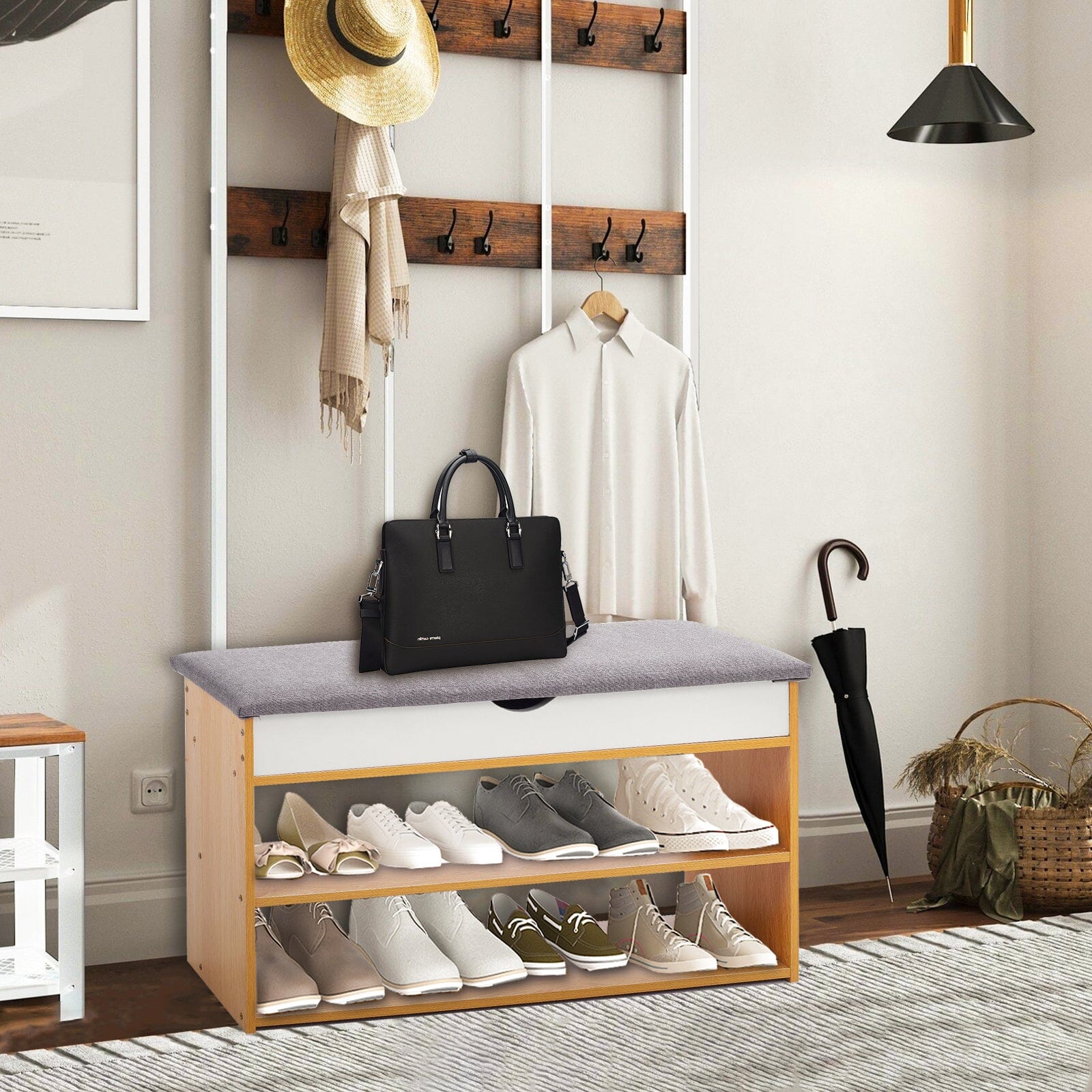 Shoe Storage Bench With Flip-Top Cushion & Open Shelves Hallway Organiser Living and Home 