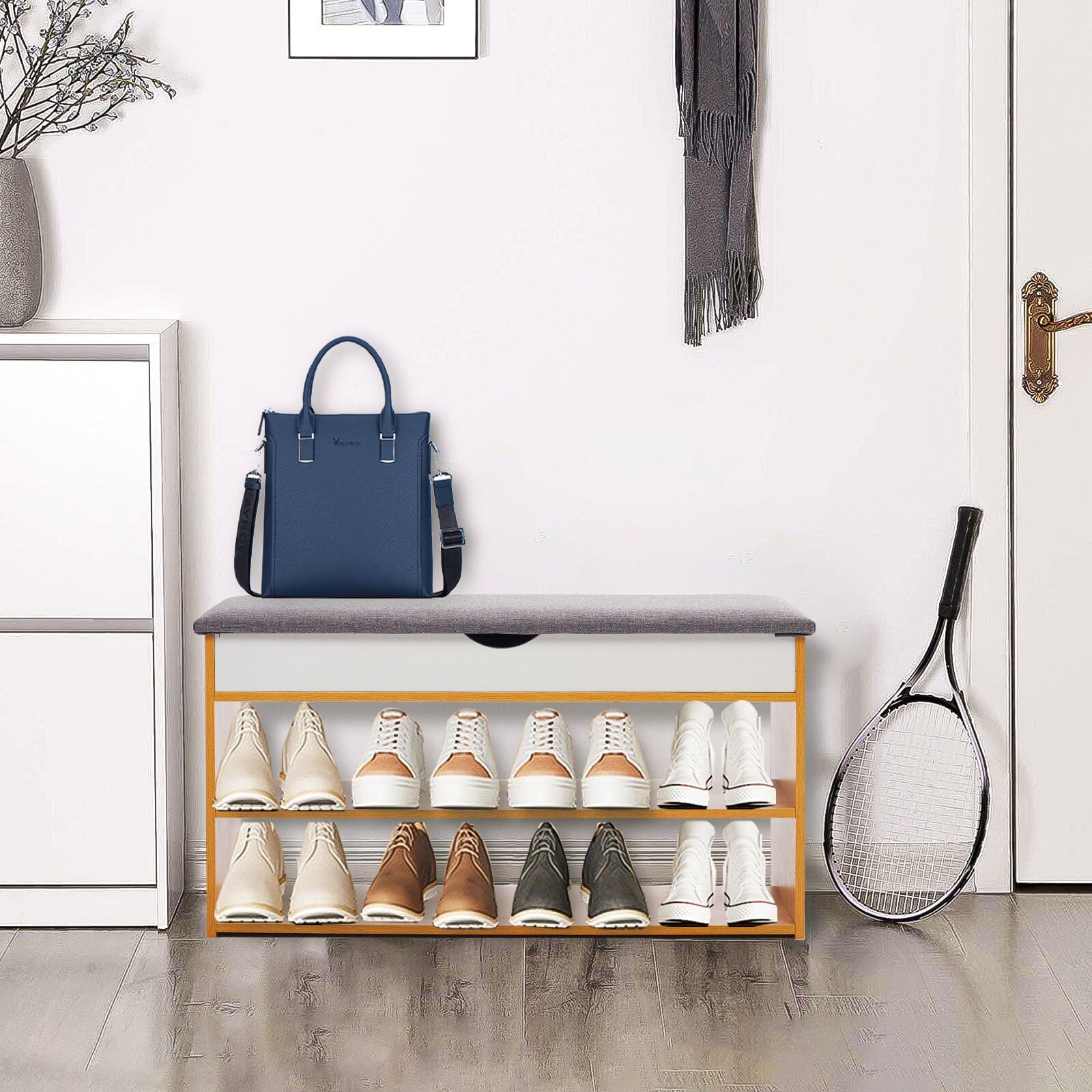 Shoe Storage Bench With Flip-Top Cushion & Open Shelves Hallway Organiser Living and Home 
