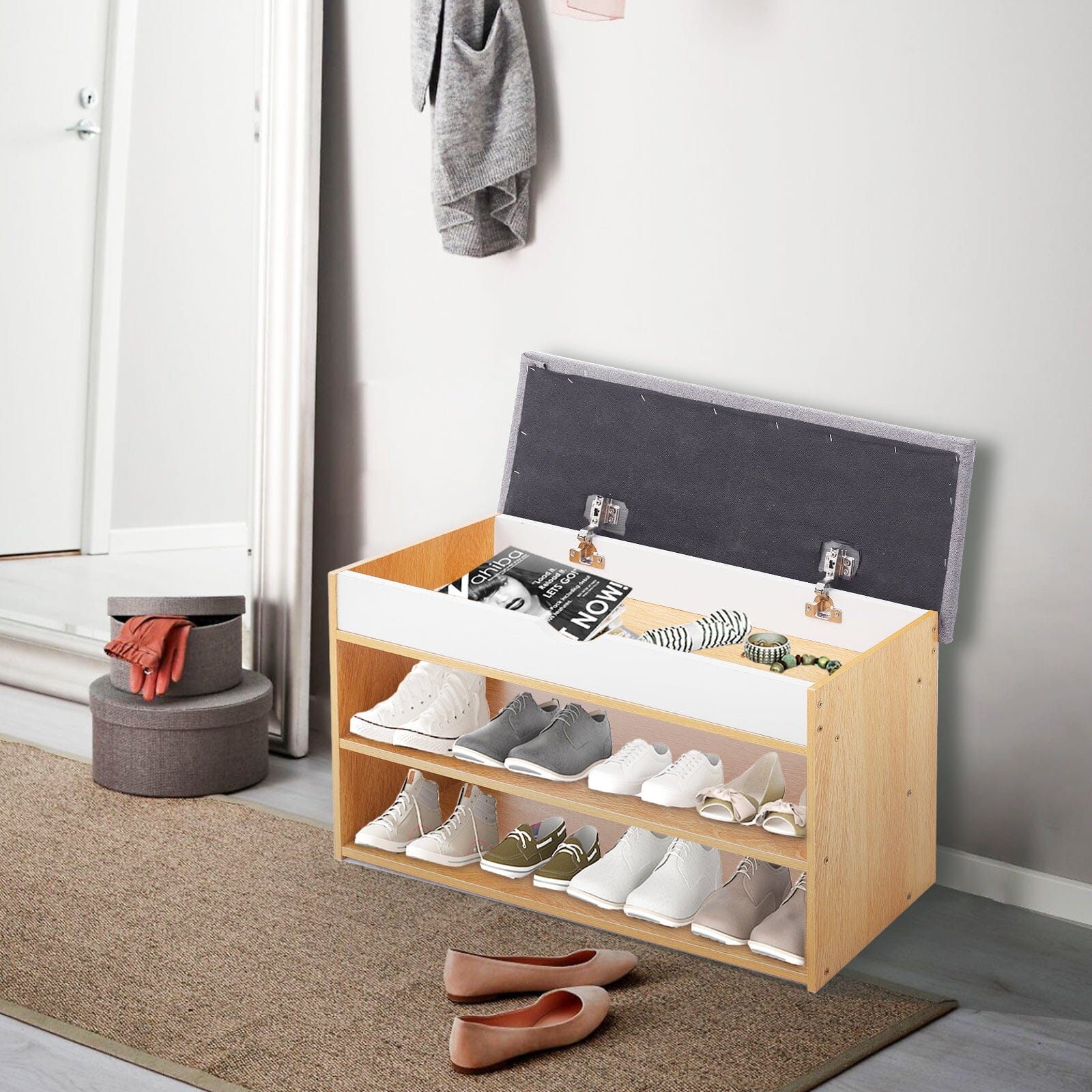 Shoe Storage Bench With Flip-Top Cushion & Open Shelves Hallway Organiser Living and Home 