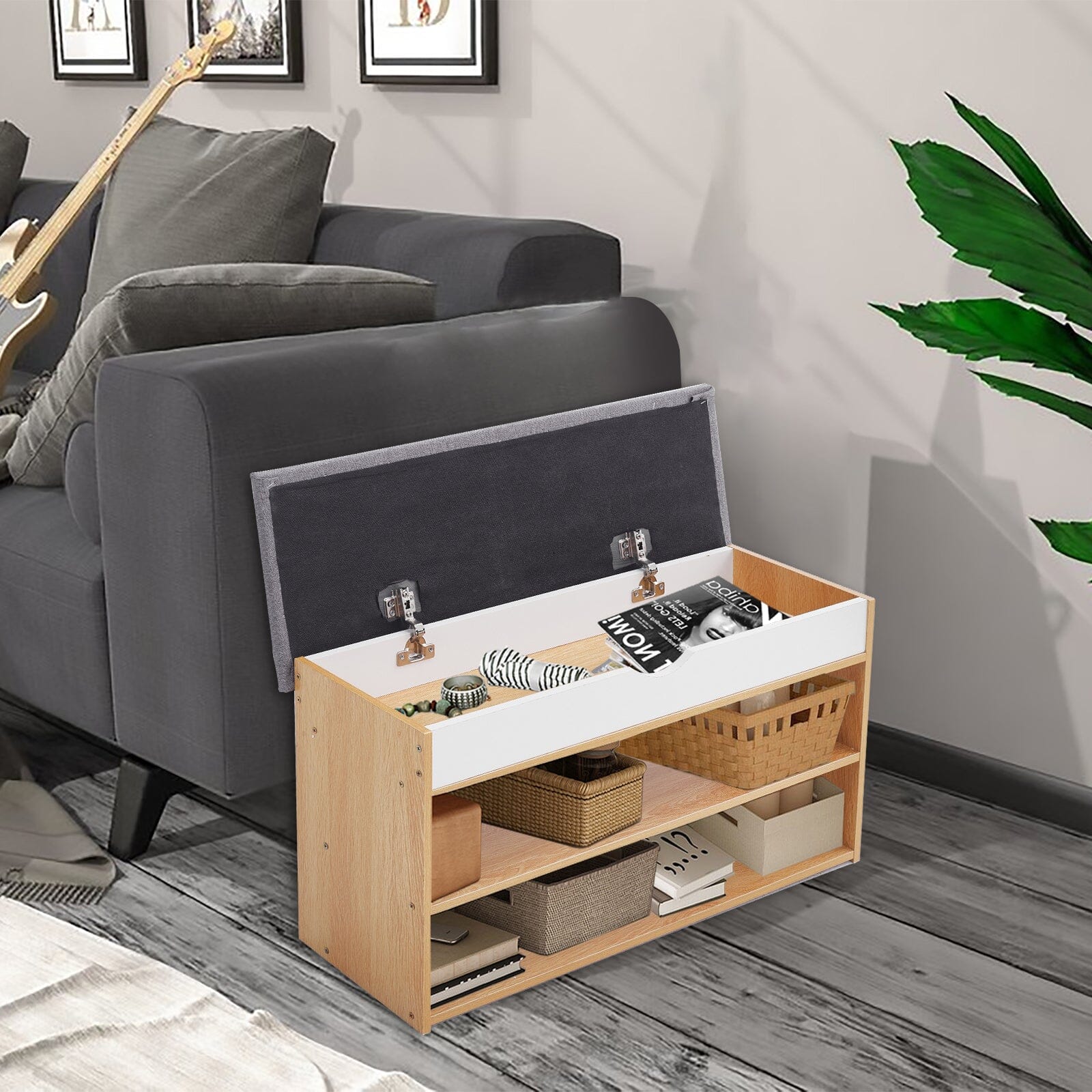 Shoe Storage Bench With Flip-Top Cushion & Open Shelves Hallway Organiser Living and Home 