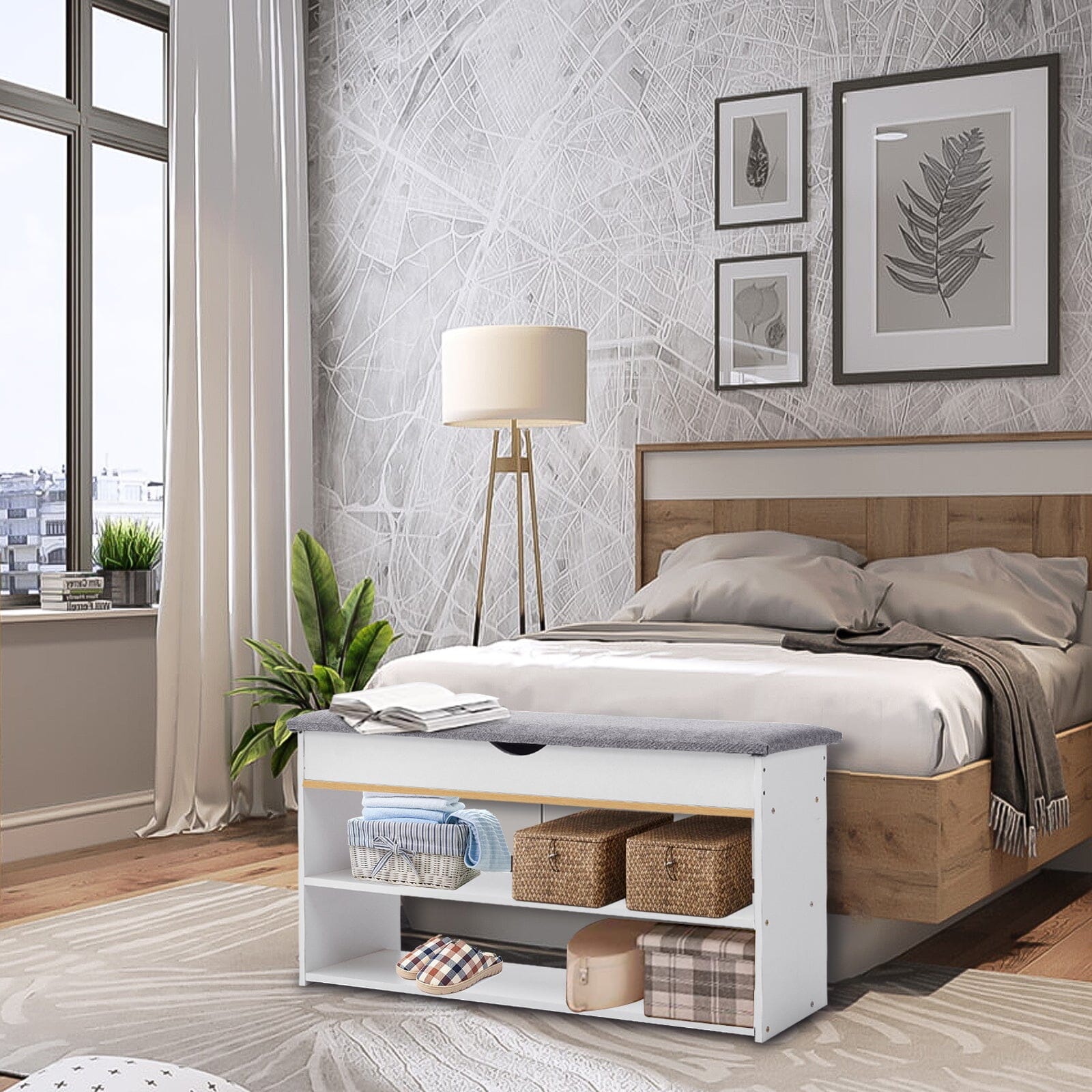 Shoe Storage Bench With Flip-Top Cushion & Open Shelves Hallway Organiser Living and Home 