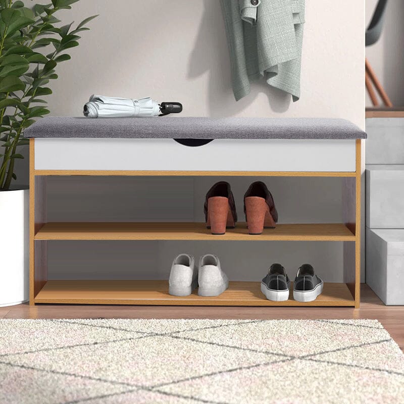 Shoe Storage Bench With Flip-Top Cushion & Open Shelves Hallway Organiser Living and Home 