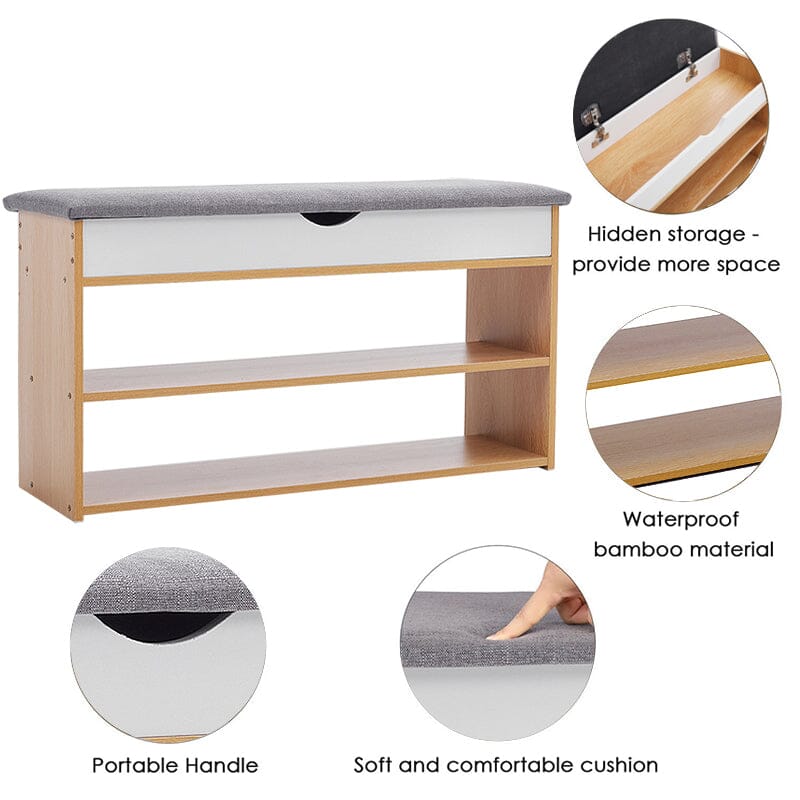 Shoe Storage Bench With Flip-Top Cushion & Open Shelves Hallway Organiser Living and Home 
