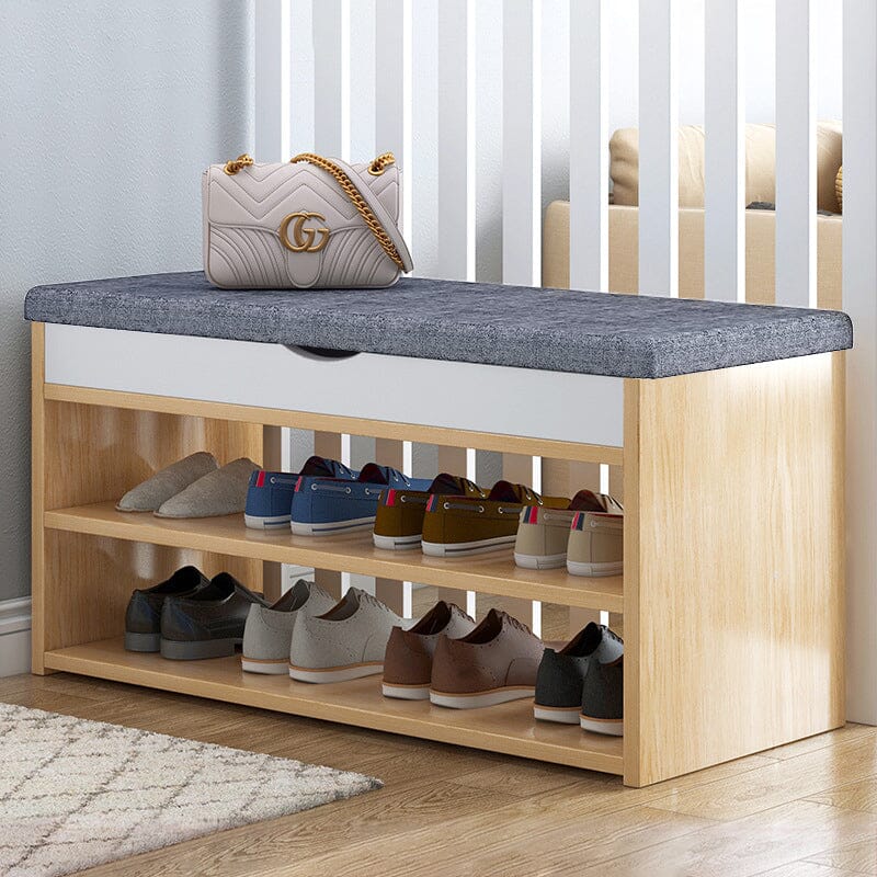 Shoe Storage Bench With Flip-Top Cushion & Open Shelves Hallway Organiser Living and Home Oak 