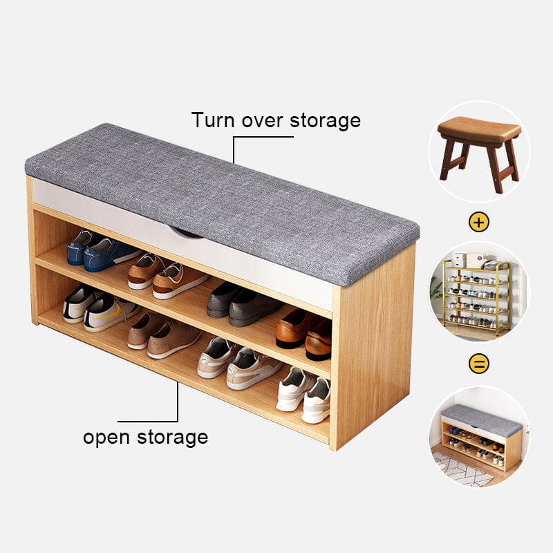 Shoe Storage Bench With Flip-Top Cushion & Open Shelves Hallway Organiser Living and Home 