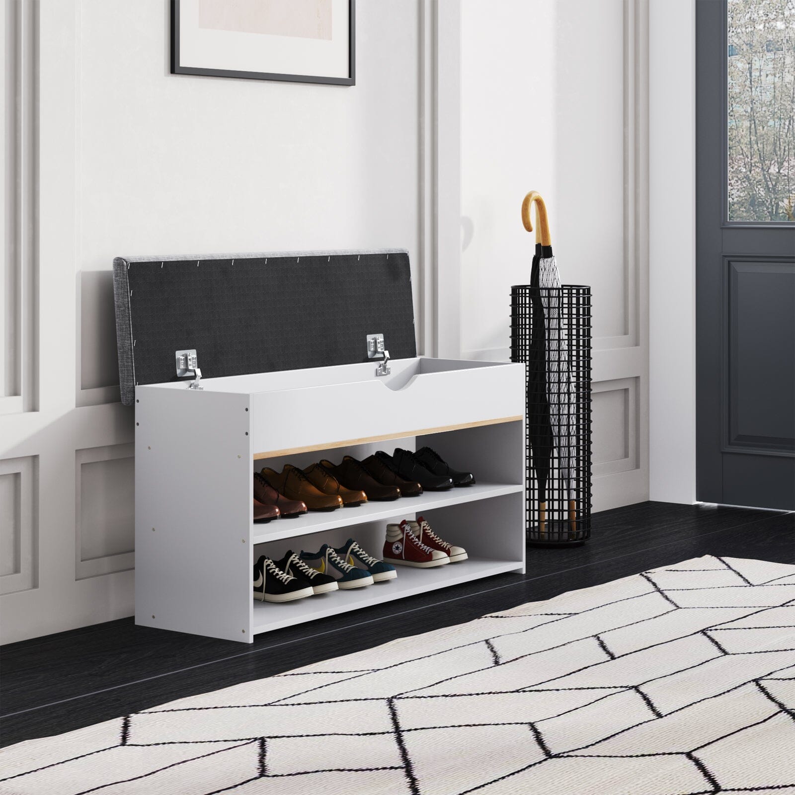 Shoe Storage Bench With Flip-Top Cushion & Open Shelves Hallway Organiser Living and Home 