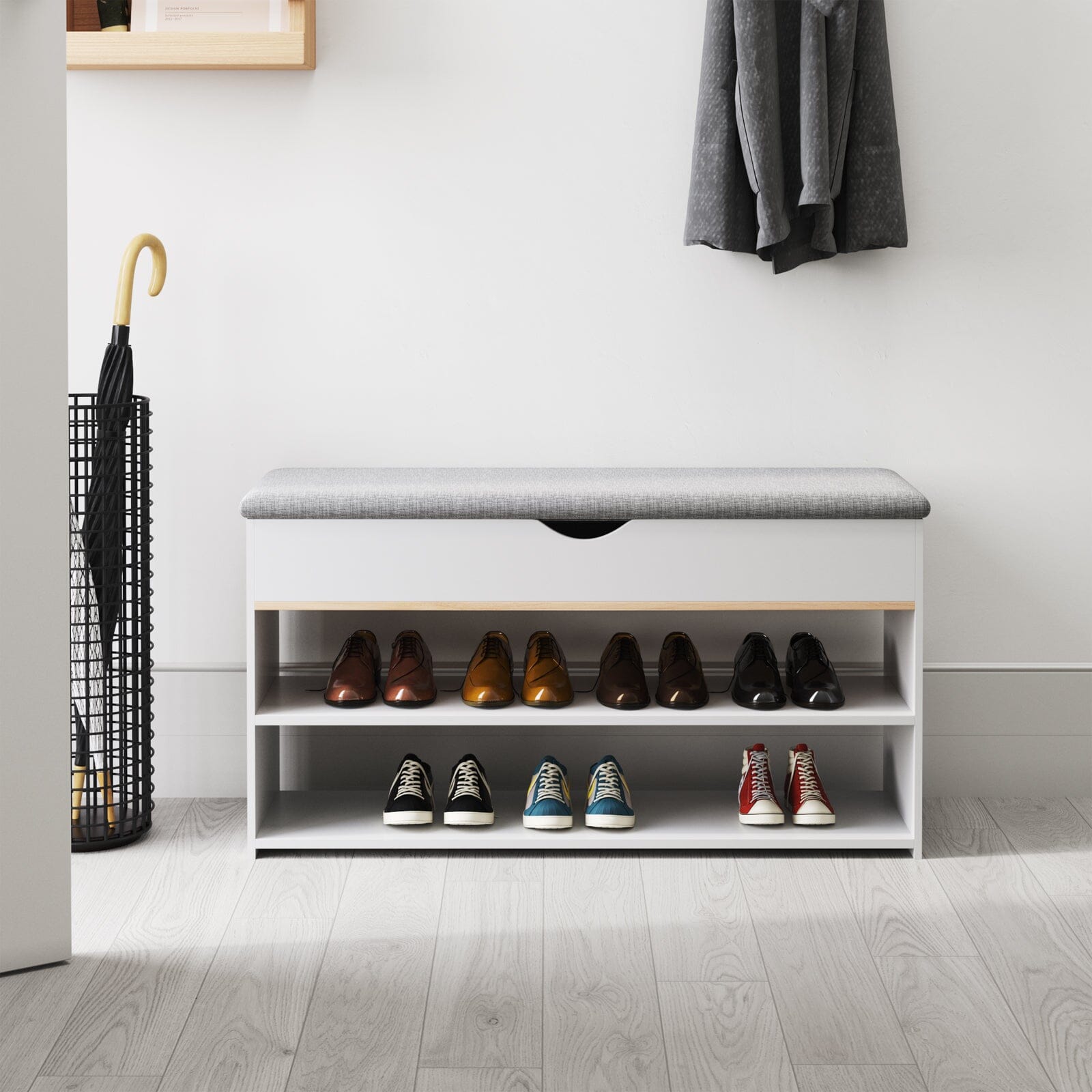 Shoe Storage Bench With Flip-Top Cushion & Open Shelves Hallway Organiser Living and Home 
