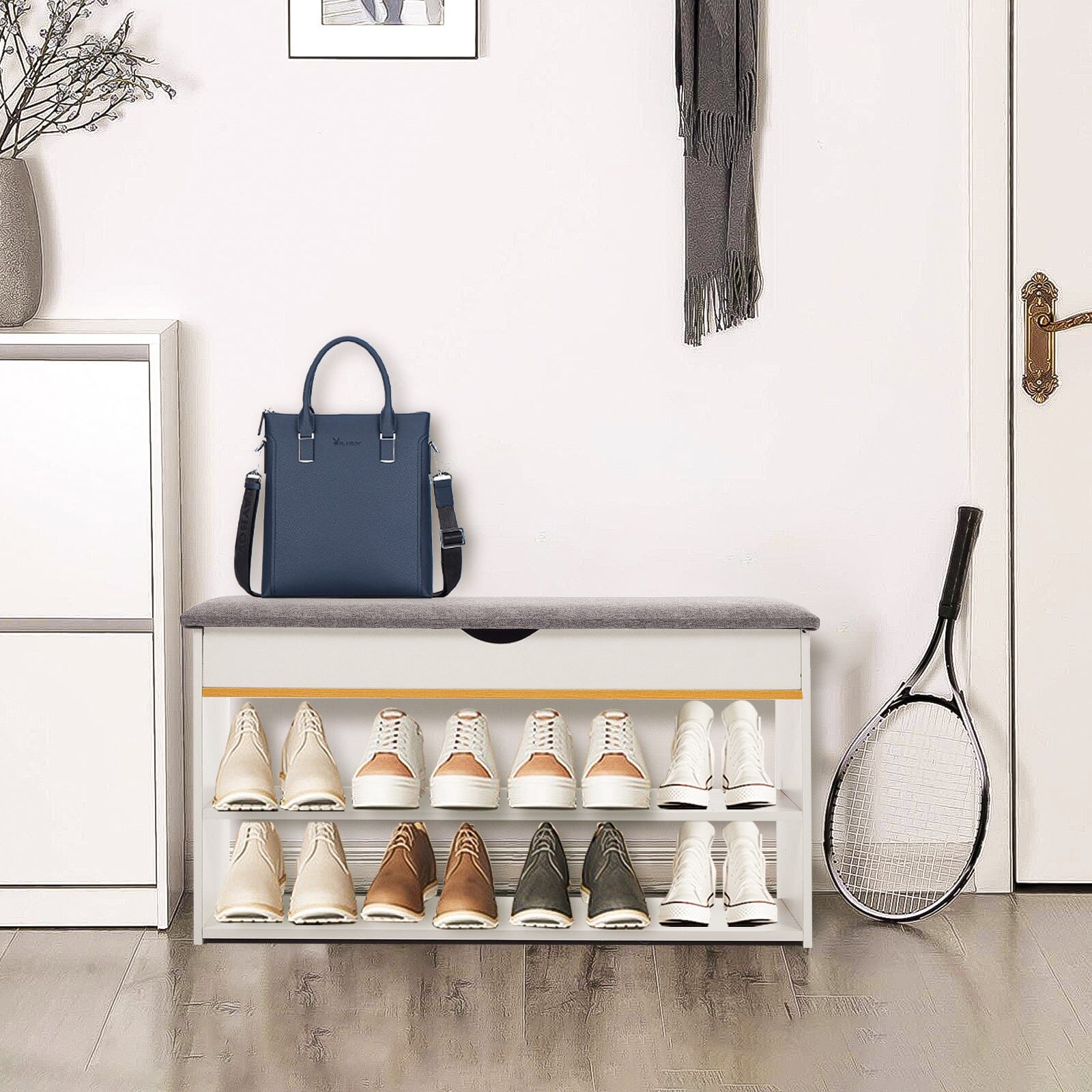 Shoe Storage Bench With Flip-Top Cushion & Open Shelves Hallway Organiser Living and Home 