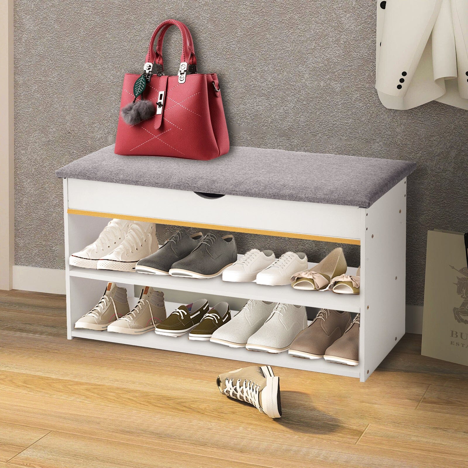 Shoe Storage Bench With Flip-Top Cushion & Open Shelves Hallway Organiser Living and Home 
