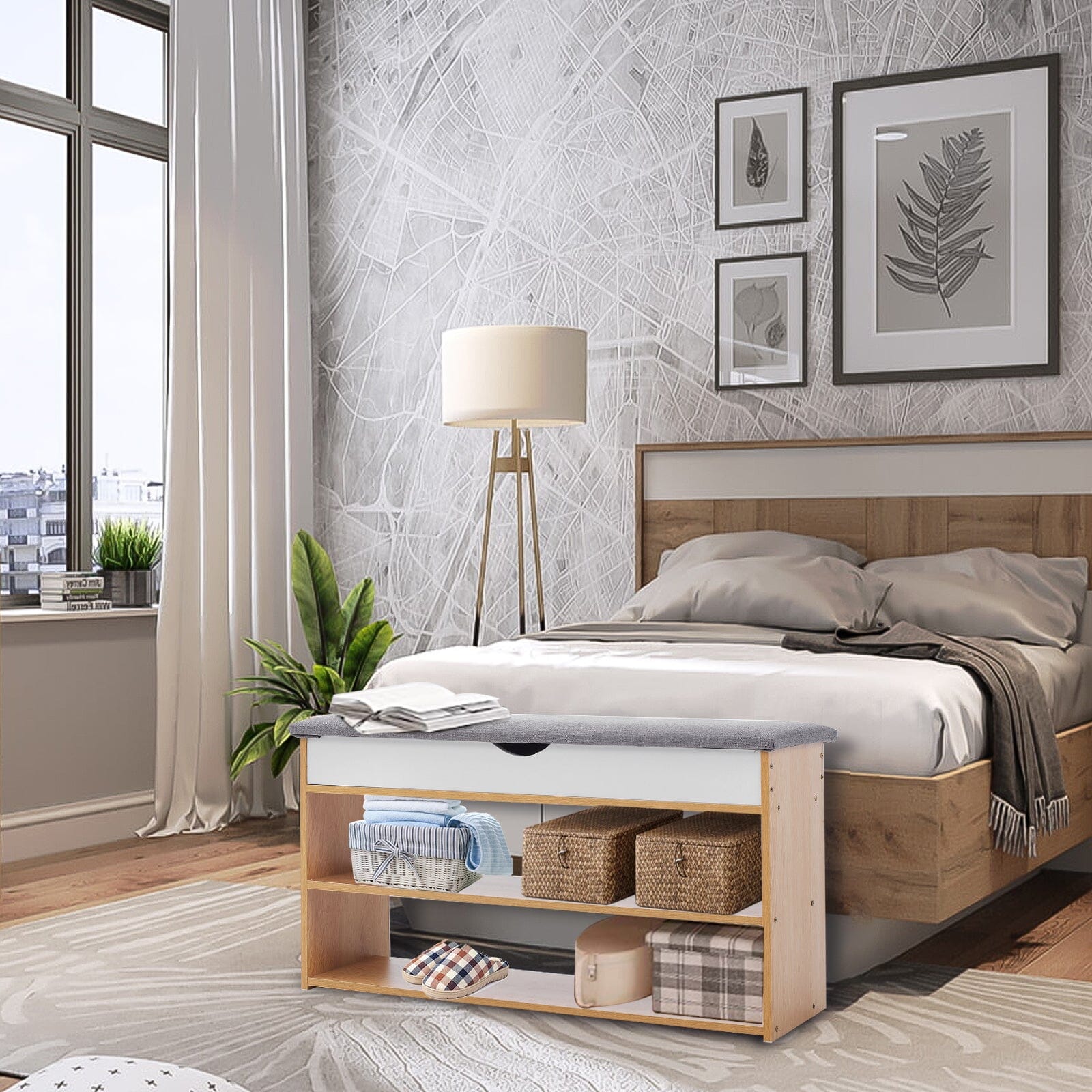 Shoe Storage Bench With Flip-Top Cushion & Open Shelves Hallway Organiser Living and Home 